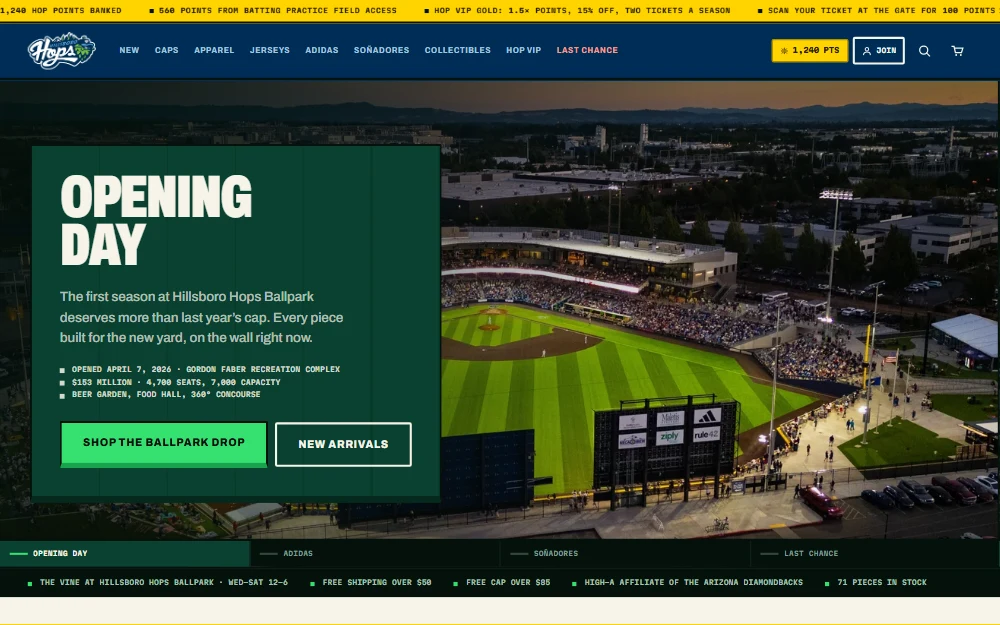 The Hops Team Store home screen, an Opening Day panel over an aerial of Hillsboro Hops Ballpark
