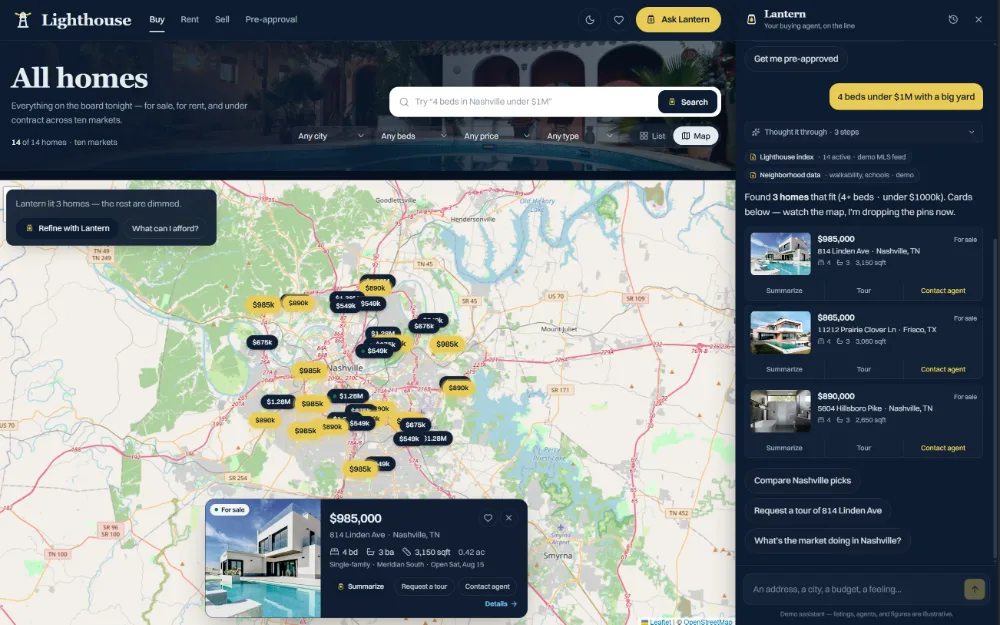 Lighthouse: a Nashville map search with the Lantern assistant answering alongside it