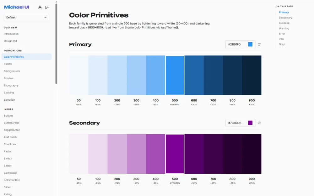 Michael UI: the design system's color-primitives page