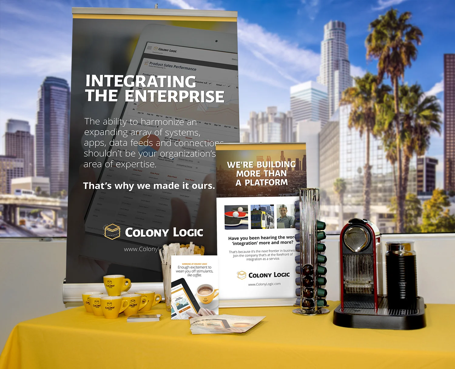 The brand on the ground: booth banners, campaign collateral and branded service for the Los Angeles launch events.