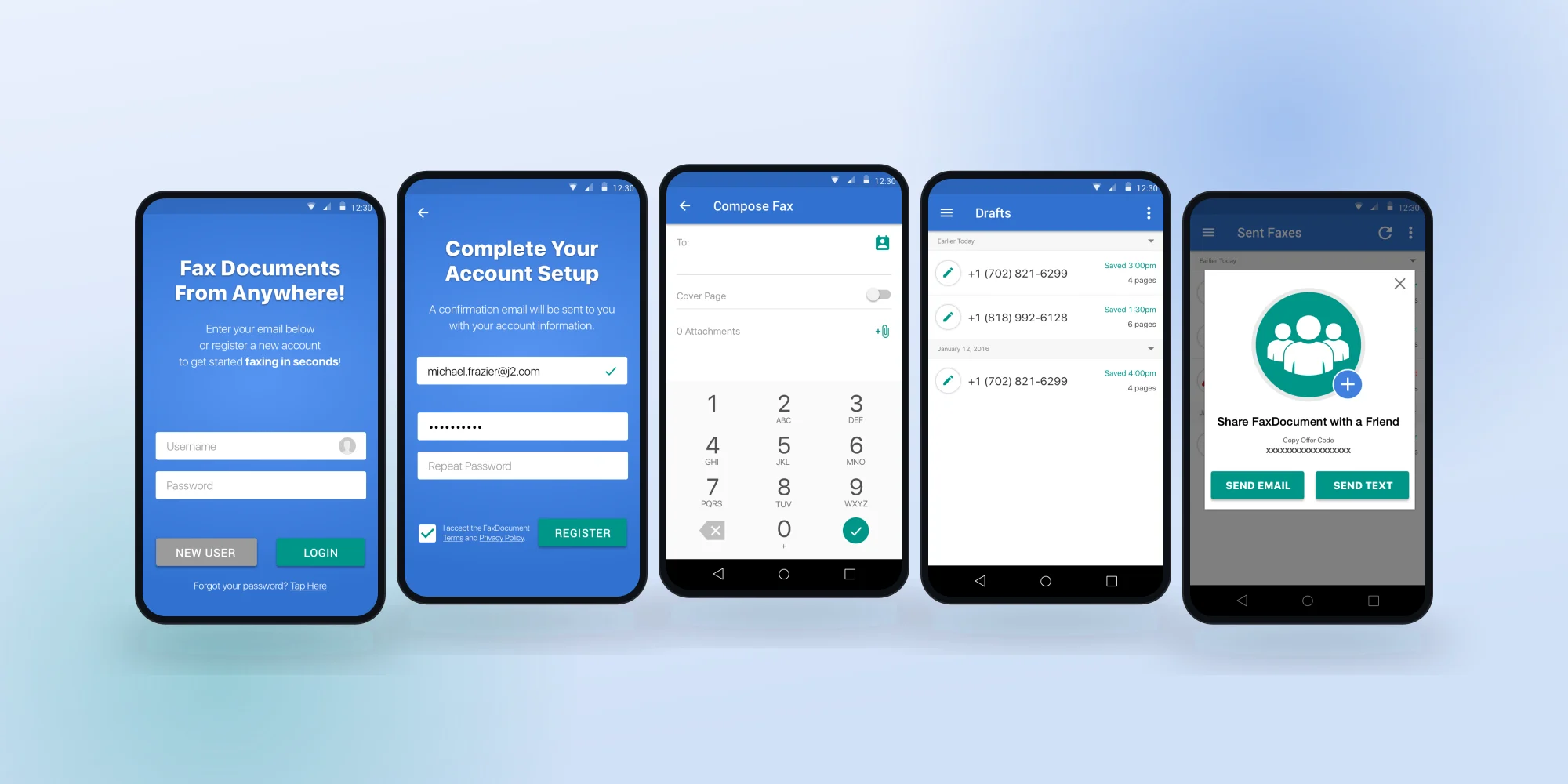 The Android path from first launch: login, register, dial, drafts and the referral loop.