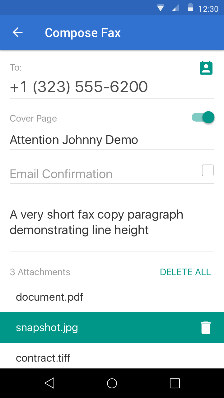Composing a fax: cover page, note and attachments in one screen.