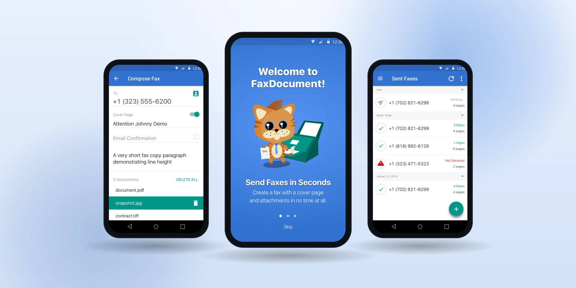 The Android fax app: compose, character-led onboarding and sent faxes.