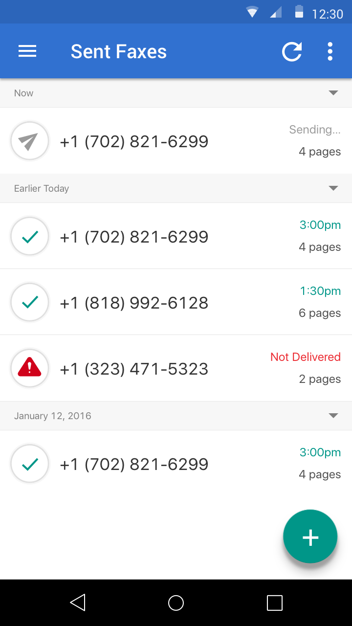 Sent faxes, with live delivery status.