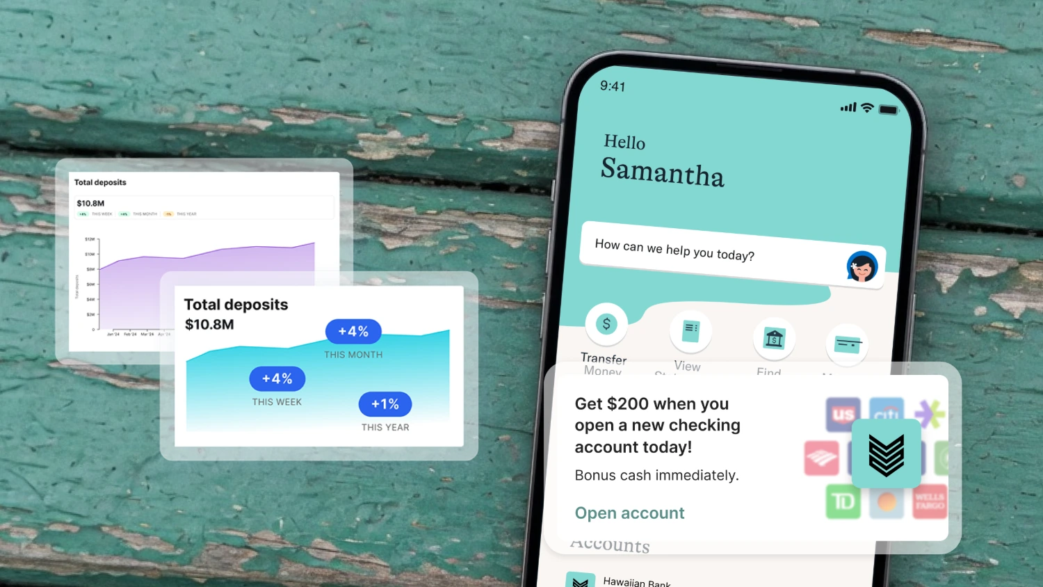 The open-account offer shown against the member's other banks, and the deposit totals it moved.