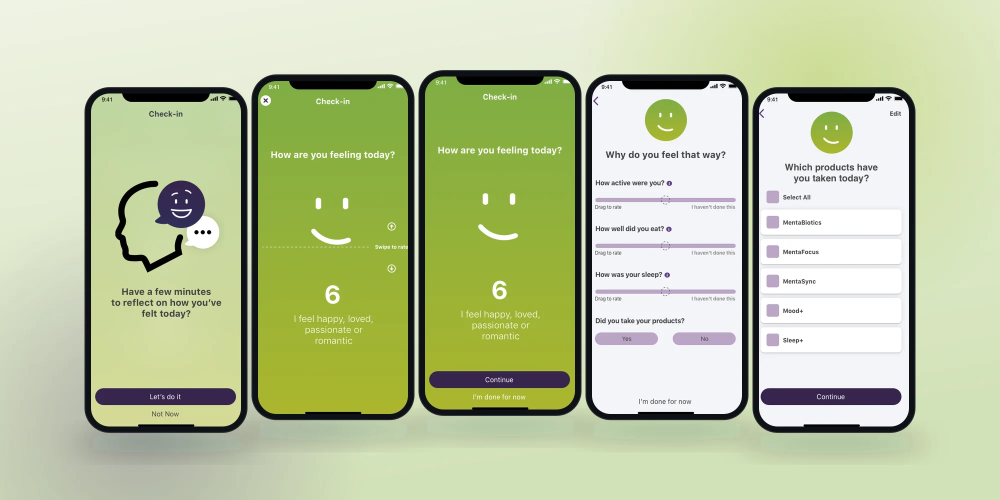 The whole check-in, screen by screen: prompt, swipe-to-rate, score, contributing factors and the product log.