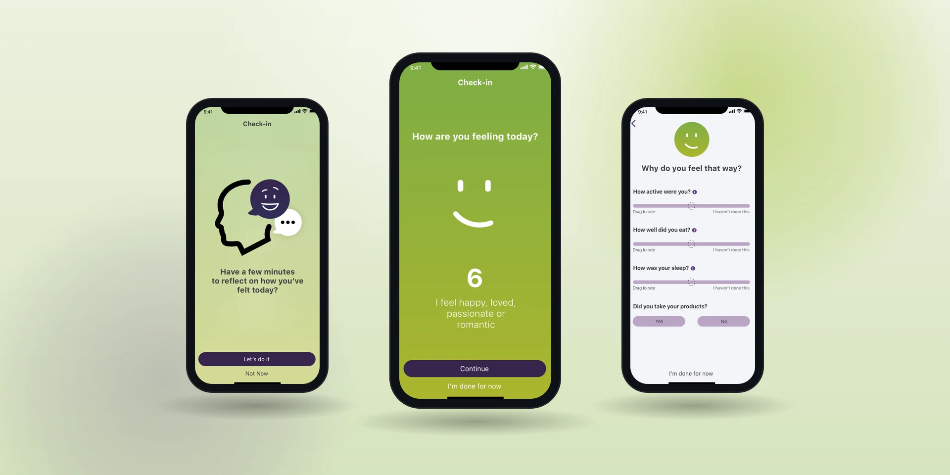 The daily check-in: prompt, gradient-scored tracker and context capture.