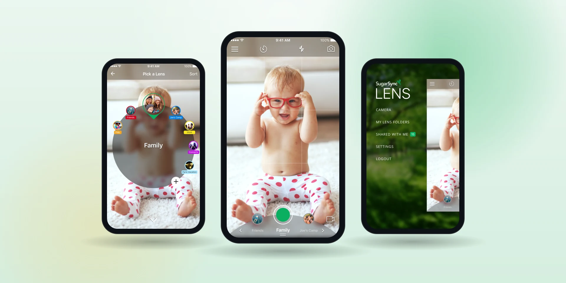 The three surfaces the concept rests on: lens picker, camera and the navigation behind them.