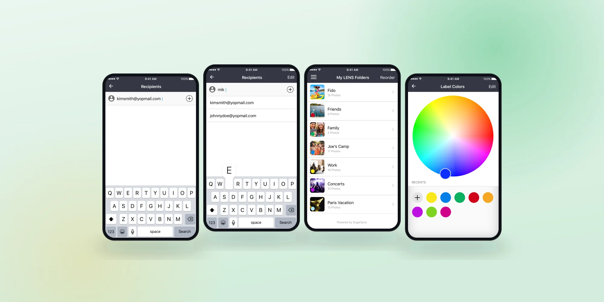 Sharing out: picking recipients, then the folders that collect what each lens receives.