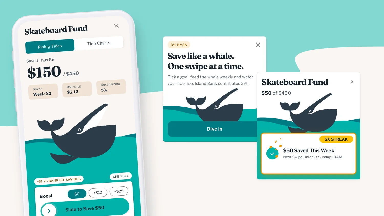 Rising Tides: a savings goal with a whale in it, the invitation that opens it and the streak card that keeps it going.
