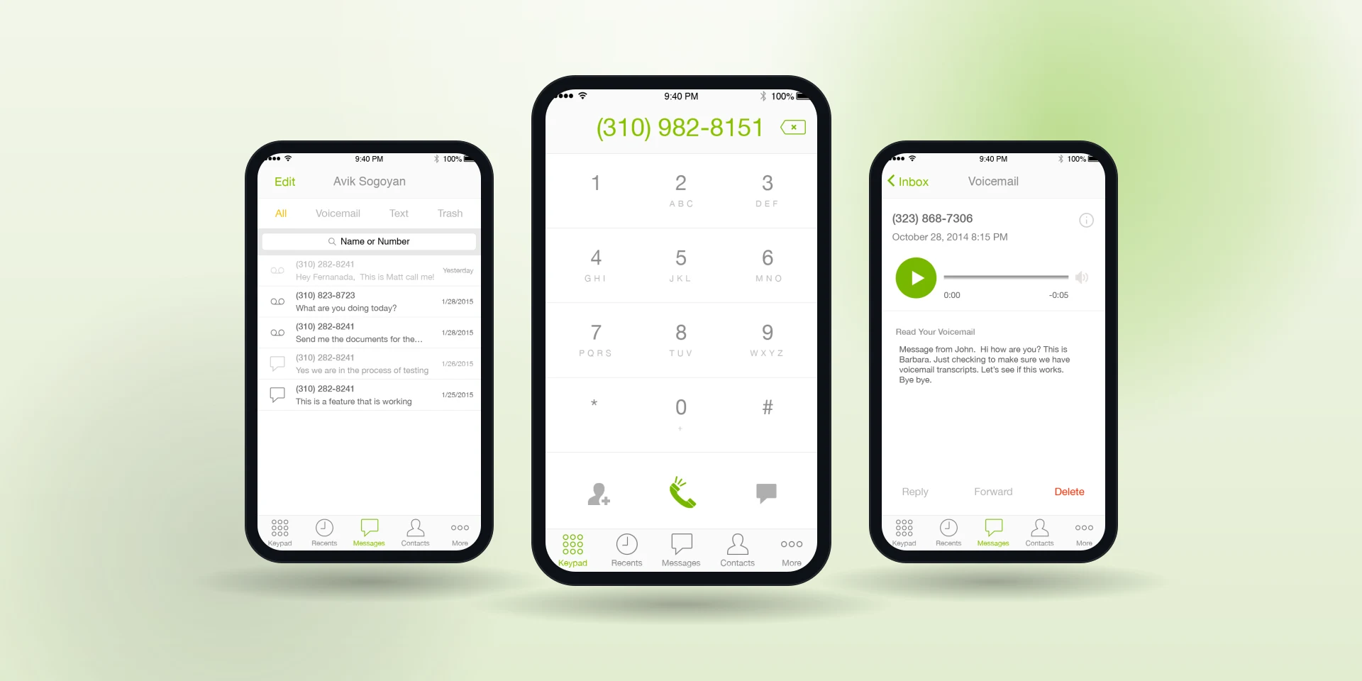 The modernized voice app: inbox, keypad and transcribed voicemail.