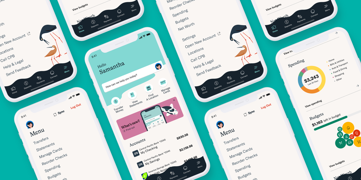 White-label banking app: themeable account overview.