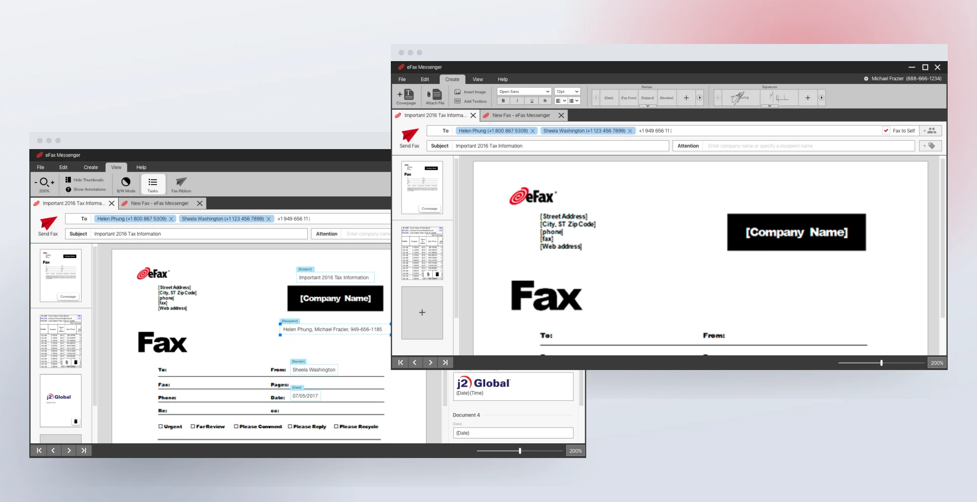 The two surfaces the release was scoped around: document view with the stamps sidebar, and multipage compose.