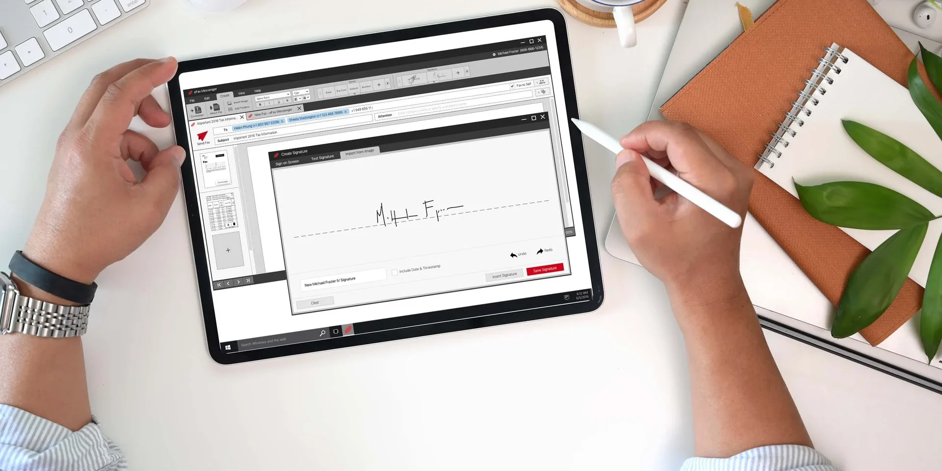 The Windows 10 faxing app, signing a document with a stylus.