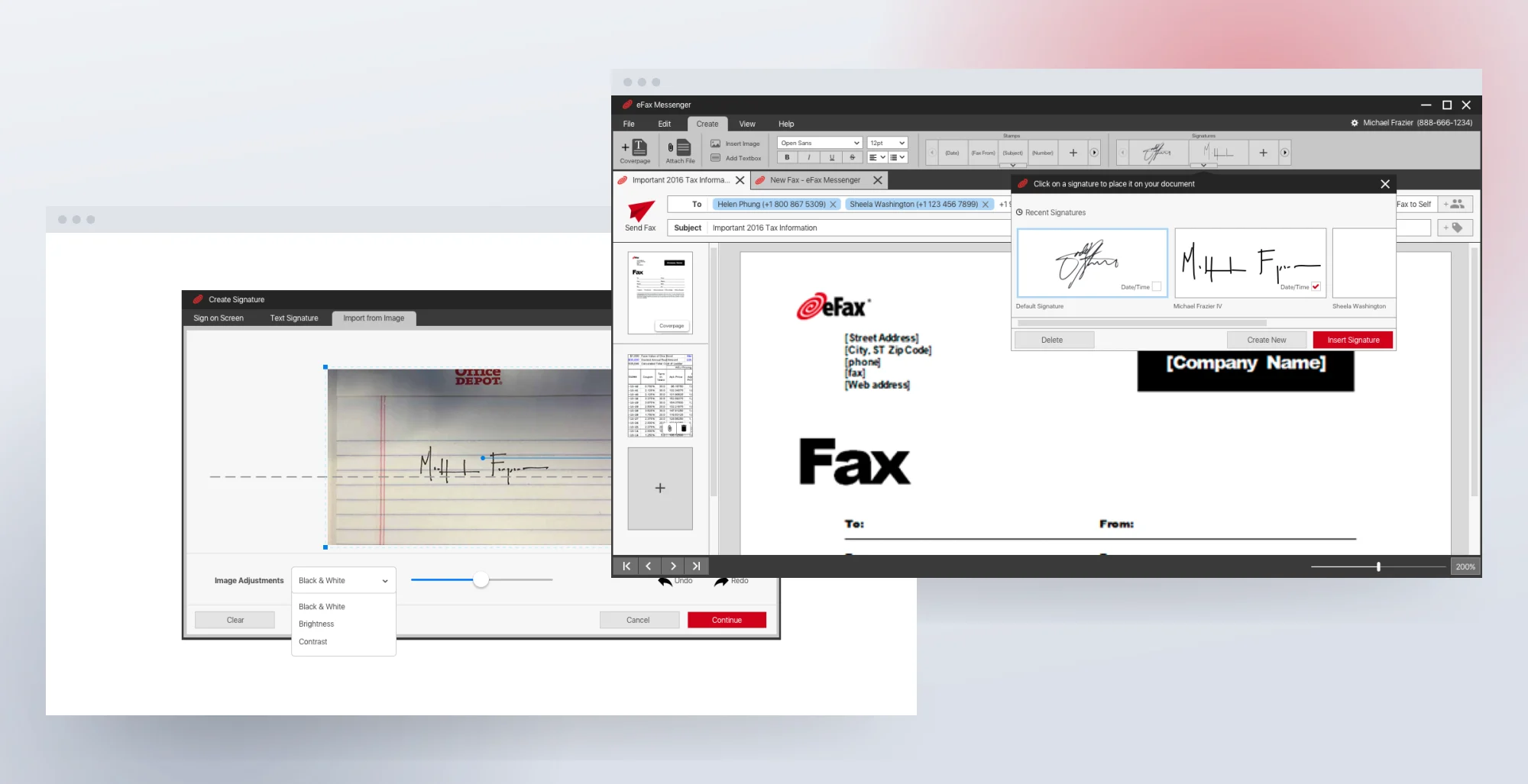 Signatures end to end: importing one from an image, then dropping it into a fax.