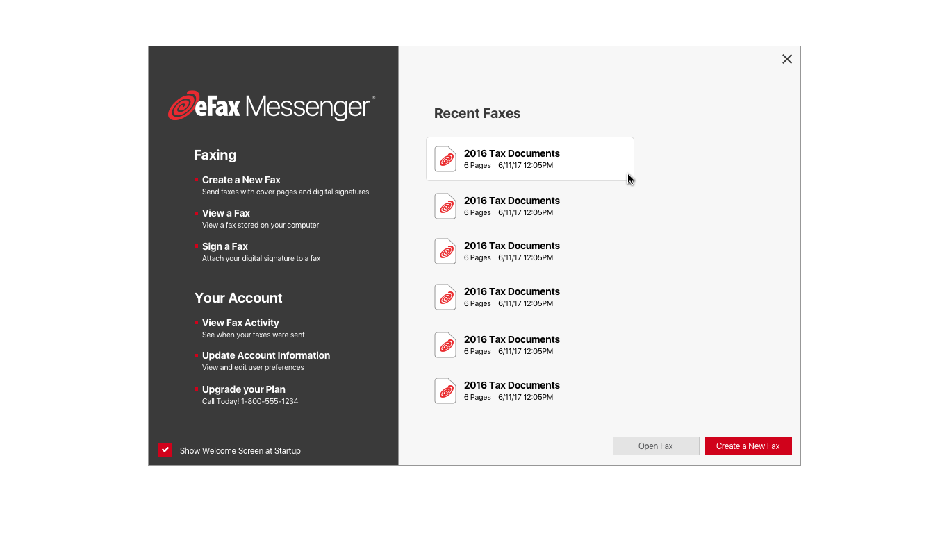 The welcome screen: recent faxes plus the three core jobs.